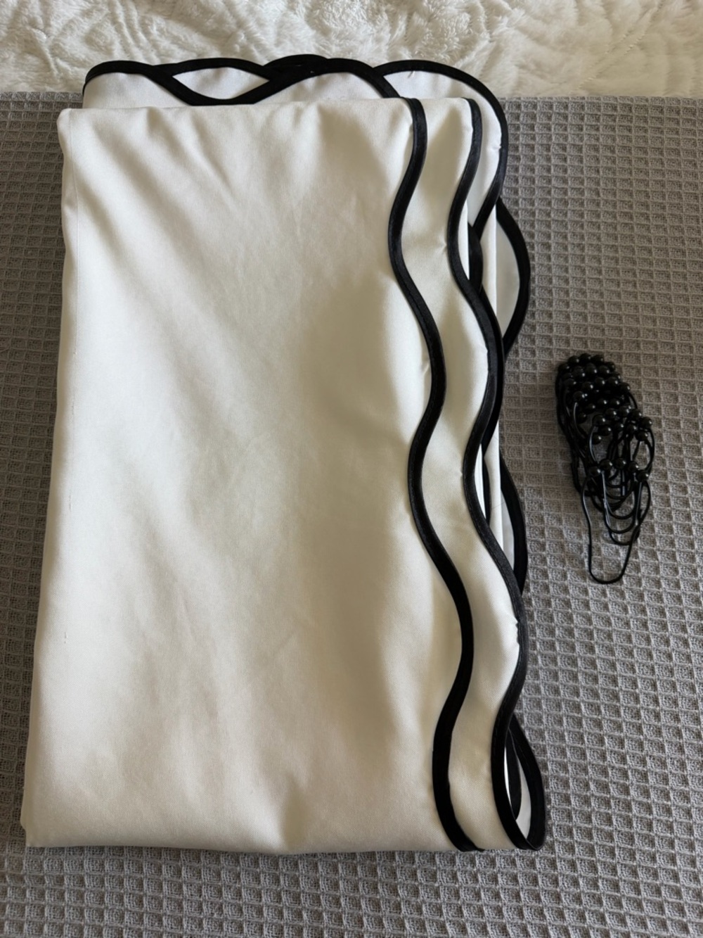 White Scalloped Edge Shower Curtain with Black Trim & Hooks